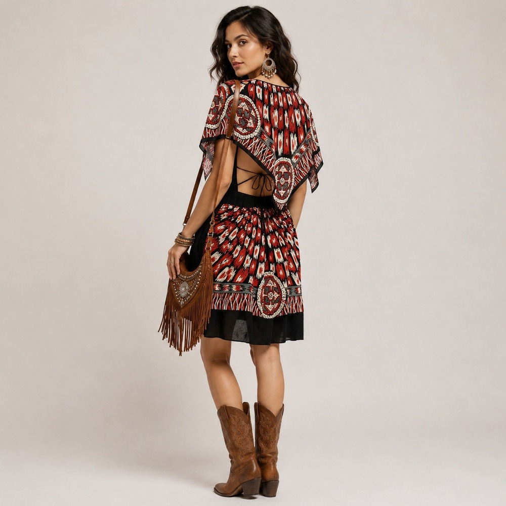 JMM Silk Tribal Print Open Back Mini Dress M